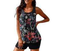 YCHUCH Conjunto de traje de baño fruncido con cuello en U alto y estampado único para fiestas en la piscina y vacaciones en la playa, conjunto de tankini fruncido