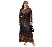 YCHUCH Elegante vestido de mujer con estampado floral con cinturón, talla grande, verano, elegante, manga larga, fiesta, casual, playa, talla grande, para mujer, estampado floral de Oriente Medio
