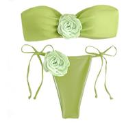 YCHUCH Traje de baño bandeau para mujer, dos piezas, traje de baño dividido de color sólido, traje de baño de flores 3D, traje de baño sin tirantes para mujer, traje de baño de color sólido