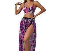 YCHUCH Traje de baño con estampado de flores para mujer, traje de baño de 3 piezas, elegante conjunto de traje de baño para playa, traje de baño push up con estampado de flores