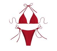 YCHUCH Traje de baño de 2 piezas para mujer, parte superior triangular ajustable con detalle de cordones y adornos modernos de círculo, ropa de playa dividida, traje de baño para mujer con acento de