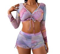 YCHUCH Traje de baño de 4 piezas para mujer, traje de baño con estampado de mármol, con salida de baño y pantalones cortos de playa, traje de baño con estampado de mármol para mujer con funda