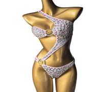 YCHUCH Traje de baño monokini con diamantes de imitación brillantes para mujer, traje de baño de un solo hombro, traje de baño recortado, traje de baño acolchado elegante para mujer