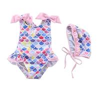 YCHUCH Traje de baño monokini de verano para niñas con gorro de natación, estampado de escamas de peces arcoíris, sin mangas, correa de lazo, volantes, traje de baño de princesa para niños