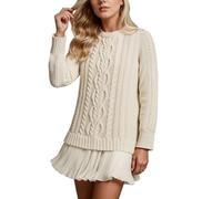 YCHUCH Vestido clásico de punto trenzado para mujer, manga larga, cuello redondo, plisado, con volantes, corte acampanado, vestido corto de jersey con cuello redondo, de gasa, con volantes, mini