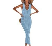 YCHUCH Vestido de color sólido con cuello en V para mujer, sin mangas, con espalda descubierta, cintura alta