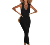 YCHUCH Vestido de color sólido con cuello en V para mujer, sin mangas, con espalda descubierta, cintura alta