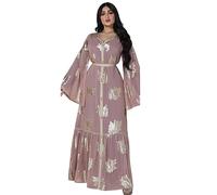 YCHUCH Vestido de gasa de manga larga para mujer, musulmana, abaya, bronceado, maxi, longitud completa, ropa de calle islámica, musulmana, abaya, bronceado, gasa, rosa, XXL