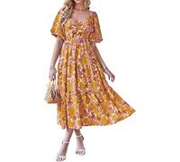 YCHUCH Vestido largo con estampado floral para mujer, casual, cuello cuadrado, volantes, verano, floral, largo, fiesta, club, manga camisa, para el trabajo, amarillo, L