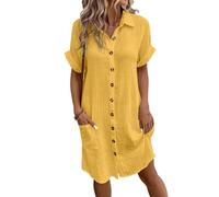YCHUCH Vestido largo de algodón con botones y manga corta para mujer, estilo casual, de manga corta, con bolsillos, transpirable, ajuste holgado, para la playa, vestido camisero suelto, amarillo, L