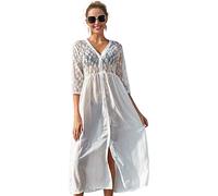 YCHUCH Vestido largo de gasa con manga 3/4 para mujer, vestido de playa de encaje floral transparente, vestido de playa para mujer, vestido de playa casual de verano