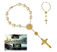 YCHYAN Rosario de coche para espejo retrovisor, amuleto de la suerte, con una cruz, cadena de oración, no afecta a la visión al conducir, amigos y familiares (dorado)