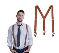 UPSONG YCKYIGO Tirantes vintage para hombre, pestaña de botón de cuero marrón y tirantes de clip, tirantes formales de boda para padrinos de boda, marrón, Marrón, Large