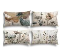 YCOLL Juego de 4 Fundas de Cojín de Lino 30x50 - Modernos Cojines de Sofá Con Pintura de Acuarela Floral - Funda de Almohada para Exteriores y Dormitorio