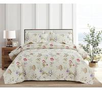 Ycosy Juego de edredón de flores, tamaño Queen, colcha floral beige, colcha para primavera y verano, ligera, reversible, colección de edredón floral morado y rojo con 2 fundas de almohada