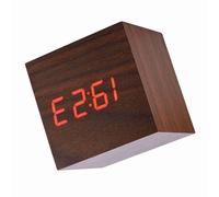 Yctze Reloj Despertador Digital de Madera 6x6x6cm, Pantalla LED, Temperatura, Control por Voz, Estilo de Instrumento de Avión, Diseño de Cubo Minimalista, Funciona con Pilas (#02)