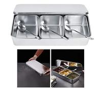 Yctze Servidor de Condimentos, Tarro de Condimentos de Acero Inoxidable de Grado Alimenticio de 21 Oz, Juego de Contenedores de 3 Compartimentos Extraíbles con Cuchara y Tapa, Ideal para Sal,