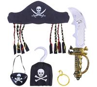 YCVBCY 5 Piezas Accesorios para Disfraces de Piratas, Sombrero de Pirata, Parche de Ojo de Pirata, Espada Pirata, Pendientes, Gancho de Mano, para Halloween Carnaval