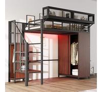 YCYDHDM Cama alta de metal 90 x 200 cm con armario y escalera de almacenamiento, litera con estantes extraíbles, diseño de valla de seguridad, cama para niños y adolescentes, color negro