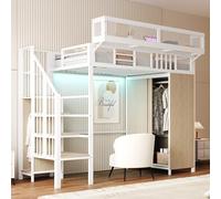 YCYDHDM Cama alta de metal 90 x 200 cm con armario y escalera de almacenamiento, litera con estantes extraíbles, diseño de valla de seguridad, cama para niños y adolescentes, color blanco