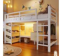 YCYDHDM Cama alta de metal 90 x 200 cm con cajón de almacenamiento de tela y bolsillo de almacenamiento de tela, litera con cojín de asiento, diseño de valla de seguridad, cama para niños y