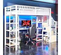 YCYDHDM Cama alta de metal 90 x 200 cm con escritorio y escalera de almacenamiento, litera con estantes y barra de luz, diseño de valla de seguridad, cama para niños y adolescentes, color blanco