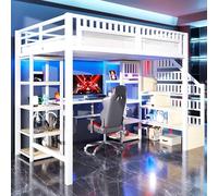 YCYDHDM Cama alta de metal de 140 x 200 cm con escritorio y escalera de almacenamiento, litera con estantes y barra de luz, diseño de valla de seguridad, cama para niños y adolescentes, color blanco