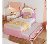 YCYDHDM Cama tapizada para niños 90 x 200 cm con cama nido y 3 cajones, cama individual con luz ambiental L/ED y cabecero ajustable, cama para habitación infantil, PU, sin colchón, color rosa