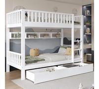 YCYDHDM Litera de 90 x 200 cm con cajones y somier, cama alta de madera con espacio de almacenamiento y escalera, estructura de madera de pino, diseño de valla de seguridad, color blanco