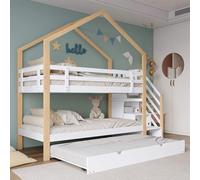 YCYDHDM Litera de 90 x 200 cm con cama nido y somier, cama alta de madera con escalera y espacio de almacenamiento, estructura de madera de pino, diseño de valla de seguridad, color blanco y madera