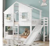 YCYDHDM Litera de 90 x 200 cm con tobogán y barrera anticaídas, cama alta de madera con techo y somier, diseño de valla de seguridad, cama para niños y adolescentes, color blanco