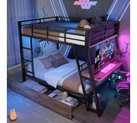 YCYDHDM Litera de metal de 140 x 200 cm con escritorio y cajones, cama alta con escalera y somier, espacio de almacenamiento, diseño de valla de seguridad, cama para niños y adolescentes, color negro