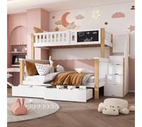 YCYDHDM Litera infantil de 90 x 200 y 140 x 200 cm con escalera y espacio de almacenamiento, litera con cajones y tablero, estructura de cama con somier, diseño de valla de seguridad, color blanco y
