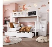 YCYDHDM Litera infantil de 90 x 200 y 140 x 200 cm con escalera y espacio de almacenamiento, litera con cajones y tablero, marco de cama con somier, diseño de valla de seguridad, color blanco
