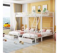YCYDHDM Litera para tres literas de metal de 90 x 200 y 140 x 200 cm con 2 cajones y protección anticaídas, cama triple con escalera y somier, estructura de metal, sin colchón, color blanco