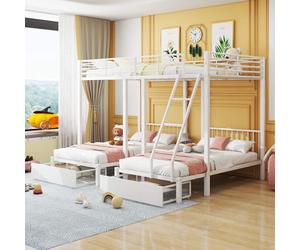 YCYDHDM Litera para tres literas de metal de 90 x 200 y 140 x 200 cm con 2 cajones y protección anticaídas, cama triple con escalera y somier, estructura de metal, sin colchón, color blanco