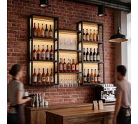 YDEHUEAD 120cm Botellero de Pared con Luces LED | Estante de Vino Montado de Hierro Forjado, Expositor Flotante Multifuncional de 4 Niveles para Barra y Casa