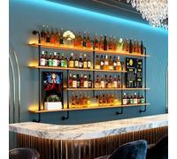 YDEHUEAD 150cm Botellero Industrial Montado En La Pared con luz LED, Madera Maciza Estante de Exhibición de Botellas, Estantes Flotantes de La Unidad de Barra,Decoración para El Hogar Bares (150cm)