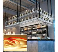 YDEHUEAD Estante Colgante de Vino de Acrílico, Botellero Colgante de 2 Capas con Estante Transparente y Luz LED, Moderno Soporte de Techo para Copas de Vino para Bar, Café y Cocina (120cm)