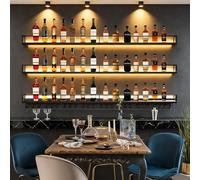 YDEHUEAD Estante de Vino montado en la Pared con luz, Barra Flotante Estante de Exhibición de Botellas de Vino con Soporte para Copas de Soporte, Vino de Hierro para El Hogar, Bar (Black, 140cm)