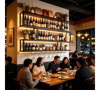 YDEHUEAD Estante de Vino Mural Grande de 3 estantes con Luces LED Blanco cálido, Estante Expositor Multifuncional para cocinas, mobiliario y Bares domésticos (Negro, 150cm)