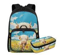 YDFISH Mochila escolar para niñas de 6 a 8, 8 a 10 años, con fiambrera, bolsa escolar de primaria, juego de 3 mochilas para niños, Bonita vaca de las tierras altas