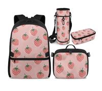 YDFISH Mochila escolar para niñas de 8 a 10 años, mochila escolar para escuela primaria, juego de bolsa de libro 4 en 1 con lonchera, Fresa, Medium