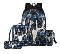 YDFISH Mochila para niñas de 10 a 12 años para niñas con fiambrera, juego de mochila escolar para escuela primaria y secundaria, Alce azul floral