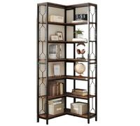 YDHSIKK Almacenamiento en la estande de la Esquina Alta Estantería de Esquina de 7 Niveles, Madera, Metal, marrón rústico, 60 x 60 x 200 cm, for salón, Cocina, hogar y Oficina.