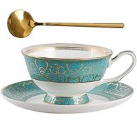 YDHSIKK Juegos de tazas y platillos Juego de té de la tarde de porcelana con diseño dorado vintage de 7.8 oz, tazas for café con leche, color verde(Gr眉n)