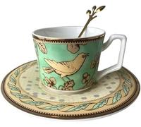 YDHSIKK Juegos de tazas y platillos Taza de café de cerámica con diseño de pájaro y borde dorado de 170 ml (6.3 oz) y cuchara incluida.(Grün)