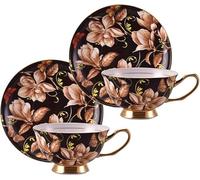 YDHSIKK Juegos de tazas y platillos Tazas de té florales de 7.5 onzas con detalles dorados, platillos y cuchara, tazas for café con leche, servicio for 2, color marrón(Brown Two Pack)