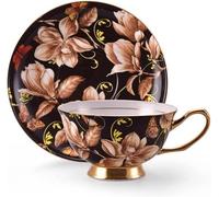 YDHSIKK Juegos de tazas y platillos Tazas de té florales de 7.5 onzas con detalles dorados, platillos y cuchara, tazas for café con leche, servicio for 2, color marrón(Bruin)
