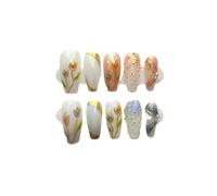 YDMHYLAI Uñas Lindas 10 piezas hechas a mano 3D flor verde prensa francesa en las uñas, uñas postizas adhesivas, arte de uñas floral(40 size-M)